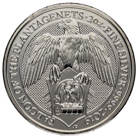 Moneda Reino Unido 5 Libras Bestias de la Reina - Halcón de los Plantagenet Plata 2019 2oz