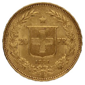 Moneda Suiza 20 Francos Oro 1891 B-Berna 6,43g