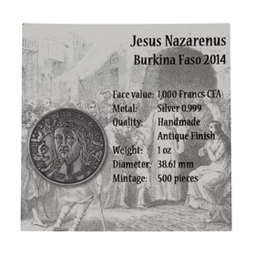 Moneda Burkina Faso 1000 Francos CFA Jesus Nazareno Antique Finish Plata 2014 1oz