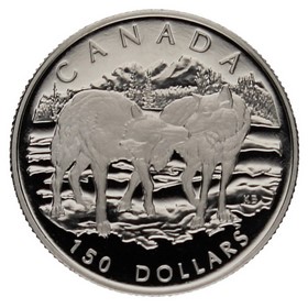 Moneda Canadá 150 Dollars Lobo Gris Platino 1998 15,59g