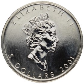 Moneda Canadá 5 Dollars Maple leaf Color Plata 2001 1oz
