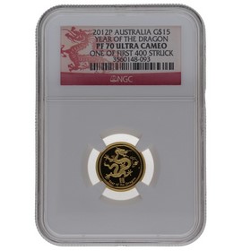 Moneda Australia 15 Dollars Año del Dragón PF70 Ultra Cameo Oro 2012 1/10oz