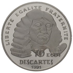 Moneda Francia 500 Francos 70 Ecus Descartes Platino 1991 19,92g