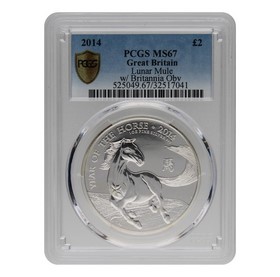 Moneda Reino Unido 2 Pounds Año del Caballo MS67 Error Lunar Mule Plata 2014 1oz