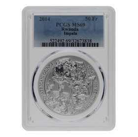 Moneda Ruanda 50 RWF Franc Impala MS69 Plata 2014 1oz
