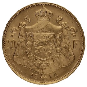 Moneda Bélgica 20 Francos (Texto neerlandés) Oro 1914 6,45g