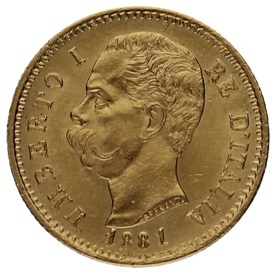 Moneda Italia 20 Liras Oro 1881 R-Roma 6,44g