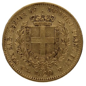 Moneda Reino de Cerdeña 20 Liras Oro 1859 P-Genova 6,42g
