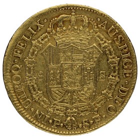 Moneda Carlos III 8 Escudos Oro 1778 Popayan SF 26,91g