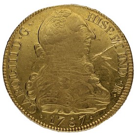 Moneda Carlos III 8 Escudos Oro 1787 Popayan SF 26,97g