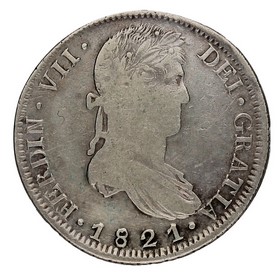 Moneda Fernando VII 8 Reales Plata 1821 Zacatecas RG 26,85g
