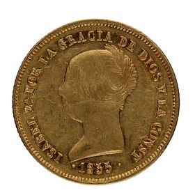 Moneda Isabel II 100 Reales Oro 1855 Barcelona 8,32g