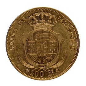 Moneda Isabel II 100 Reales Oro 1855 Barcelona 8,32g