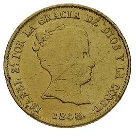 Moneda Isabel II 80 Reales Oro 1848 Barcelona PS 6,68g