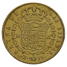 Moneda Isabel II 80 Reales Oro 1848 Barcelona PS 6,68g
