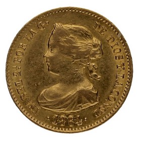 Moneda Isabel II 40 Reales Oro 1864 Madrid 3,35g