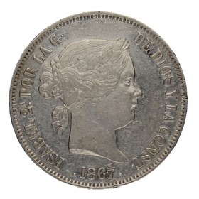 Moneda Isabel II 2 Escudos Plata 1867 Madrid 25,84g