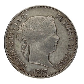 Moneda Isabel II 2 Escudos Plata 1867 Madrid 25,88g
