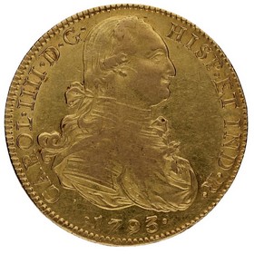 Moneda Carlos IV 8 Escudos Oro 1793 México FM 27,06g