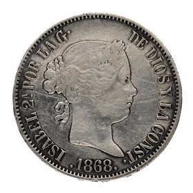 Moneda Isabel II 50 céntimos Plata 1868 Manila 12,87g
