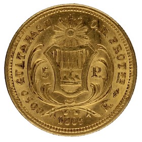 Moneda Guatemala 5 Pesos Oro 1869 8,06g
