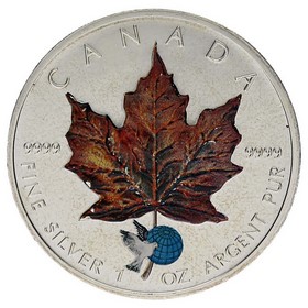 Moneda Canadá 5 Dollars Maple Leaf Coloreada Invierno Plata 2002 1oz