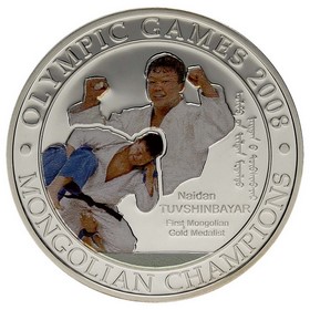 Moneda Mongolia 500 Tögrög Naldan Tuvshinbayar Primer Medallista de Oro Plata 2008 25g