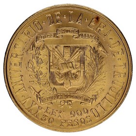 Moneda Republica Dominicana 30 Pesos 25 Aniversario de la Era de Trujillo Oro 1955 29,66g